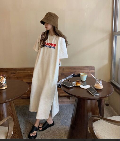 ワンピース チュニック Tシャツ ロング丈 韓国 レディース オルチャン FREE 半袖ワンピース ロングワンピース ホワイト