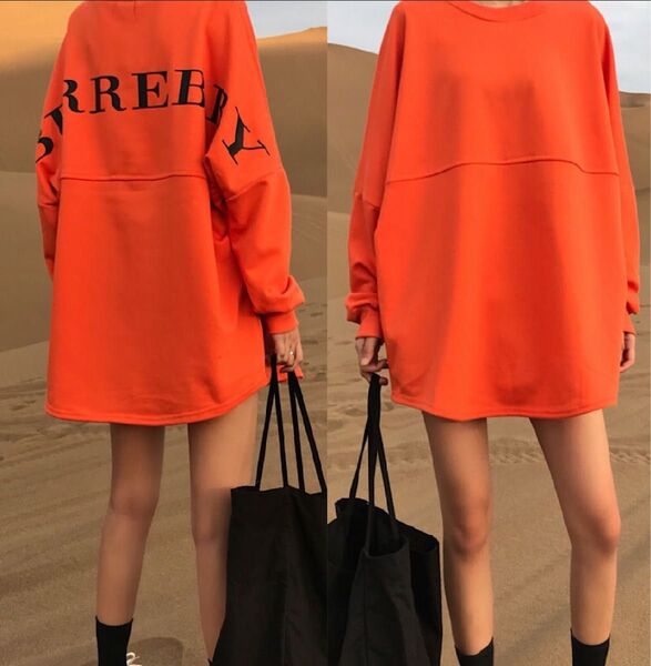 ビッグシルエット ロング Tシャツ 長袖 チュニック オレンジ カットソー 丸首 ロンT トップス カジュアル おしゃれ