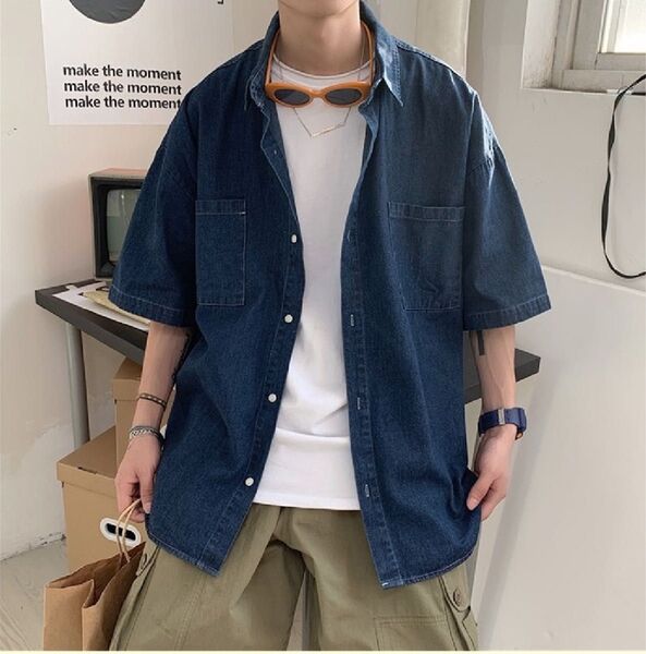 シャツ ビッグシルエット デニム シャツ 半袖 メンズ ストリート 韓国 夏服 トップス オーバーサイズ ブルー 夏 おしゃれ