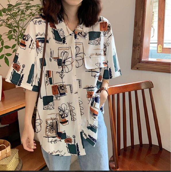 シャツ トップス 柄シャツ レトロ 半袖 おしゃれ きれいめ カジュアル 大人可愛い 韓国 ブラウス 個性 原宿 春夏