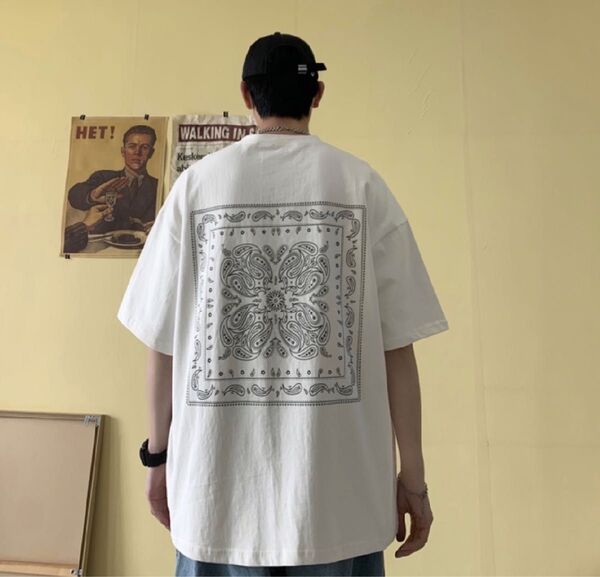 ビッグシルエット ペイズリー 半袖 Tシャツ ストリート 韓国 メンズ 夏服 アメカジ トップス オーバーシルエット L XL