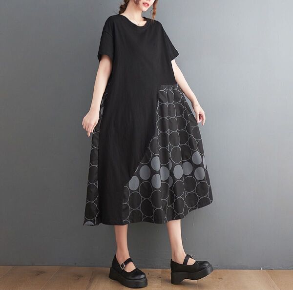 ドット 水玉模様 ドット柄 ワンピース 夏服 レディース ワンピース Aライン ロング ワンピース 半袖 モノトーン ブラック