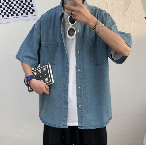 ビッグシルエット デニム シャツ 半袖 メンズ ストリート 韓国 夏服 トップス オーバーサイズ 半袖シャツ 無地 夏 アウター