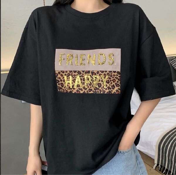 ビッグ ボックス ロゴ 豹柄 ヒョウ柄 半袖 Tシャツ ビッグシルエット ブラック 半袖Tシャツ Tシャツ プリント おしゃれ