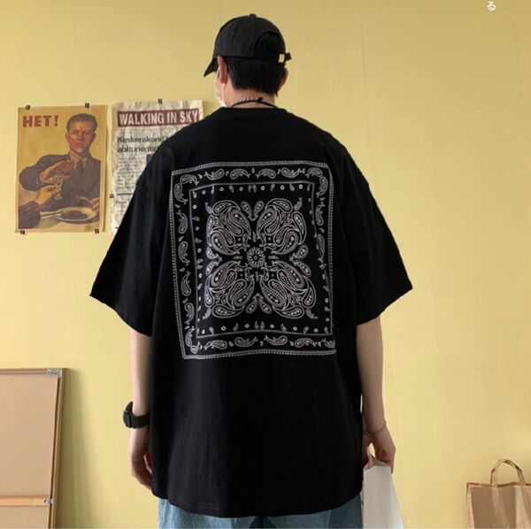 ビッグシルエット ペイズリー 半袖 Tシャツ ストリート 韓国 メンズ 夏服 アメカジ トップス オーバーシルエット ブラック 黒