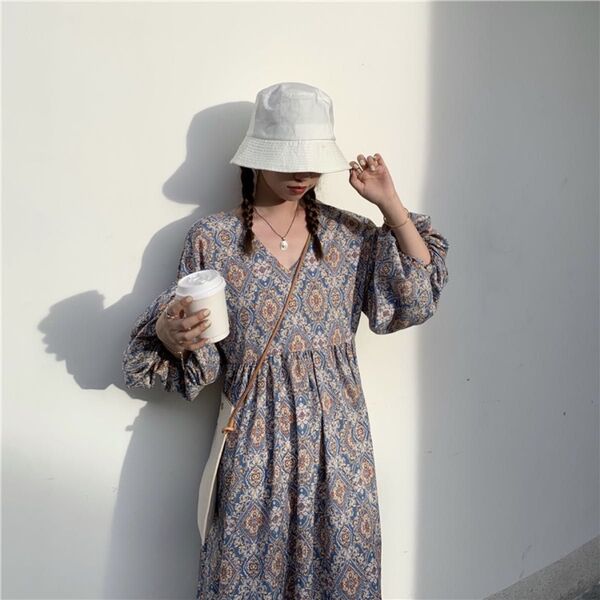 ボヘミアン柄 マキシ丈 フローラル パフ ワンピース 夏服 ライトブルー 総柄 フリー