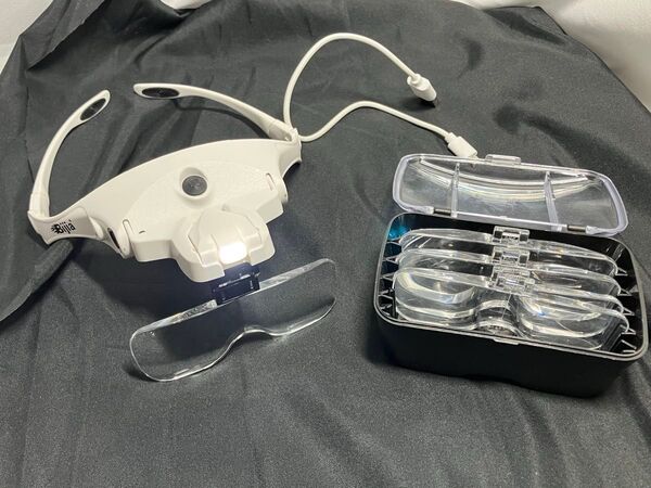 【中古品】めがねルーペ USB充電式 LEDライト付 5レンズ交換調節1.0/1.5/2.0/2.5/3.5倍