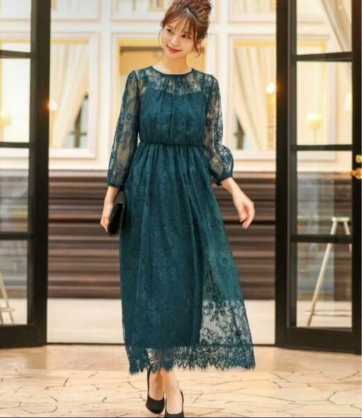 niana 総チュール レース ロング 結婚式 ワンピース ドレス お呼ばれドレス ダークグリーン Lサイズ