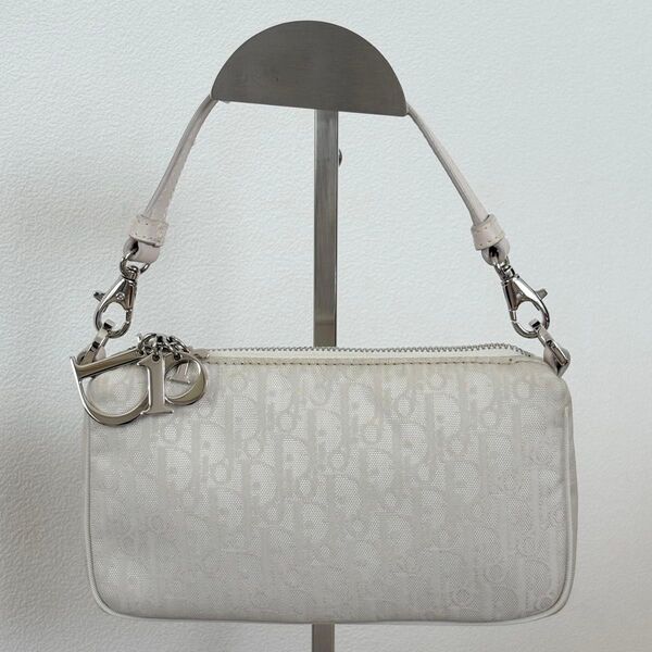 【極美品】Dior ミニハンドバッグ ポーチ アクセサリーポーチ トロッター アイボリー ナイロンxレザー レディース130