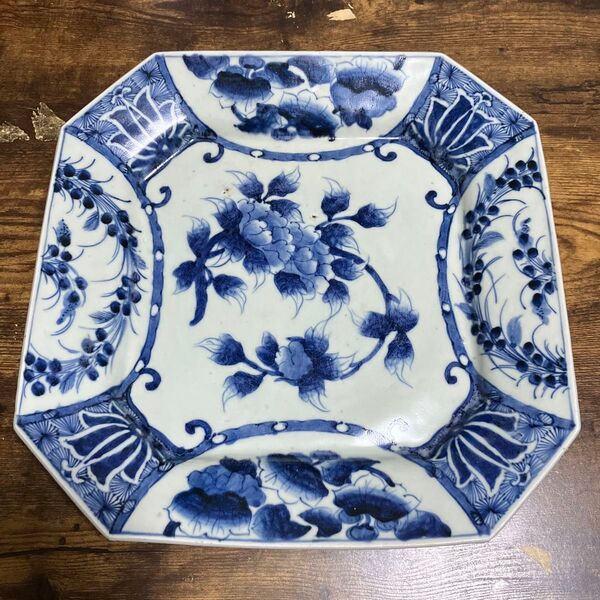 青い花柄 縁起の良い八角形 陶磁器皿 昭和 約31.7㎝ 大皿 和風
