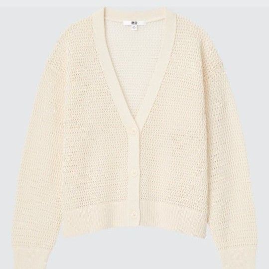 美品 ユニクロ メッシュ カーディガン 白 Vネック 長袖 綿100% М オフホワイト アイボリー 冷房対策にも