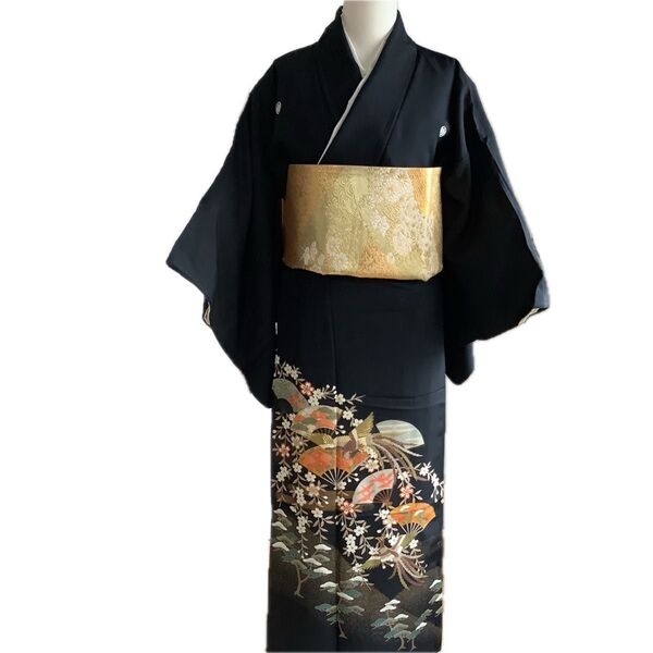 黒留 帯 長襦袢 3点セット 鳳凰に末広と花