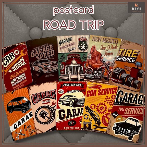 【ROAD TRIP STYLE】レトロポストカード 10枚セット ルート66 ヴィンテージ雑貨 車旅風 ガレージ インテリア
