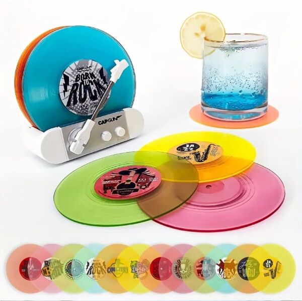 【新品】レコード型コースター12枚セット レコードプレーヤーホルダー付き(マルチカラー)