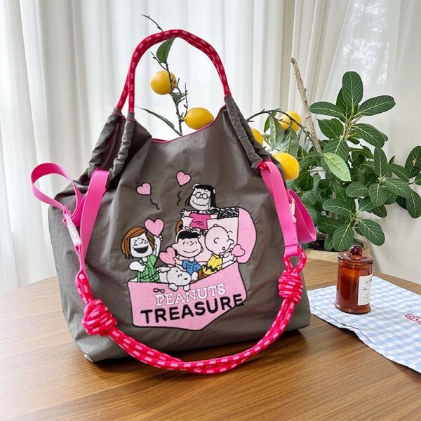 スヌーピエコバッグ グレー Mサイズ スヌーピ刺繍ストラップ付き トートバッグ ショルダーバッグ ボールアンドチェーン