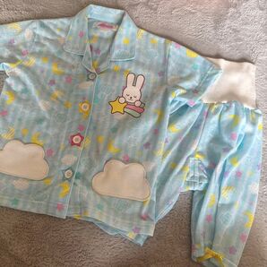 新品未使用 メルちゃん 半袖ボタン前開きパジャマ 95cm 春夏用 女の子 水色 星柄 うさぎ 上下セット