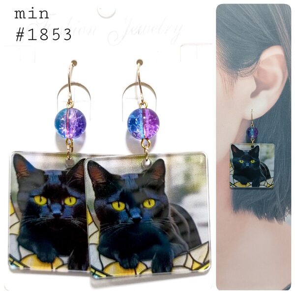 #1853 黒猫プレートの大ぶりピアス