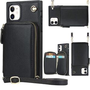 Phone11 ケース ショルダーカード収納 財布 ケース PUレザー多財布デザインブラック