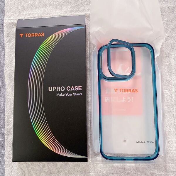TORRAS iPhone 15 Pro 用 ケース 強化ガラス カメラスタンド 氷面鏡 ブルー