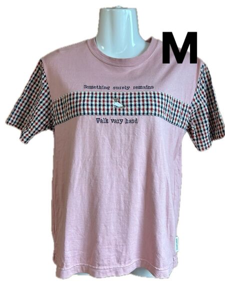 チェック柄切替 犬刺繍半袖Tシャツ ピンク レディース Mサイズ