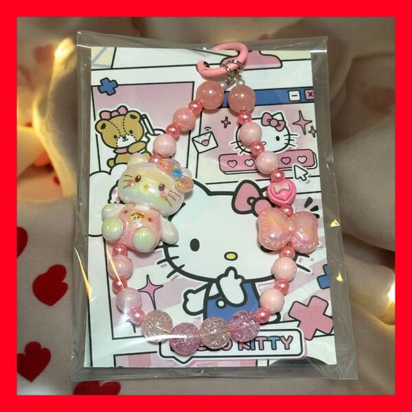 kitty 薄ピンク ビーズ ストラップ キーホルダー