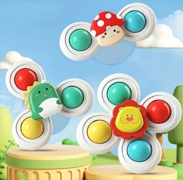 吸盤付きハンドスピナー 3個セット ライオン 恐竜 きのこ 知育玩具 おもちゃ