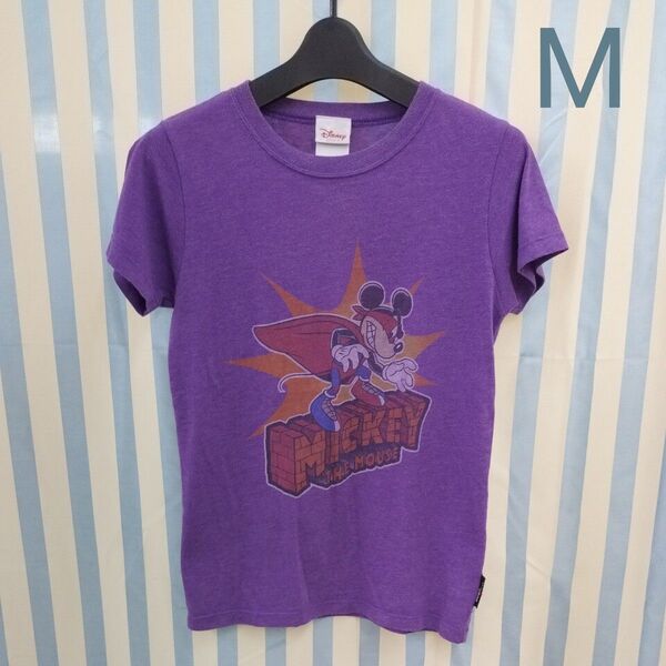 Disney ミッキーマウス プリントTシャツ M パープル ディズニーストア 古着Tシャツ used キャラクター