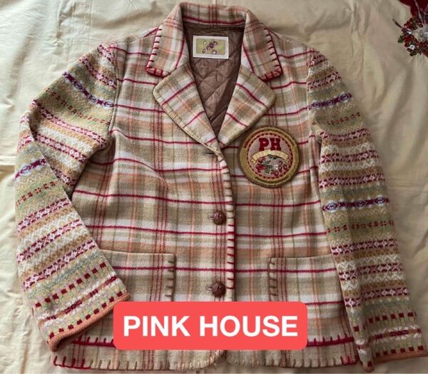 ピンクハウス オリジナルチェック いちご刺繍ワッペンつきジャケットコート 黄色