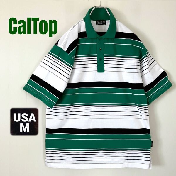 CalTop カルトップ★ハーフ袖ポロシャツ★ボーダー柄グリーン★USAメンズM