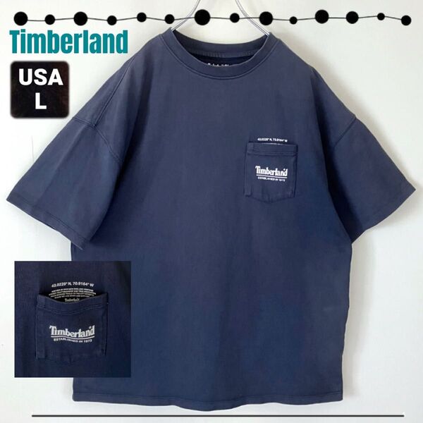 Timberland ティンバーランド★ポケット付Tシャツ★度詰コットン★ビンテージネイビー★脇下ガゼット★USAメンズL