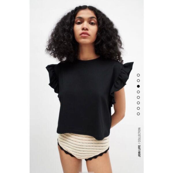 ZARA 袖フリルTシャツ 黒 ブラック ノースリーブ M クロップド カットソー コットン 半袖 トップス