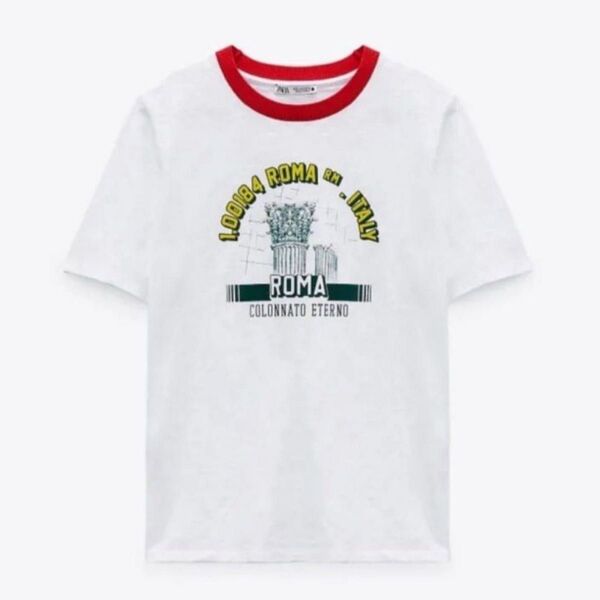 ZARA リンガーTシャツ レトロ ヴィンテージ風 スラブT リンガーネック S プリントTシャツ ビンテージ 古着 半袖 70s