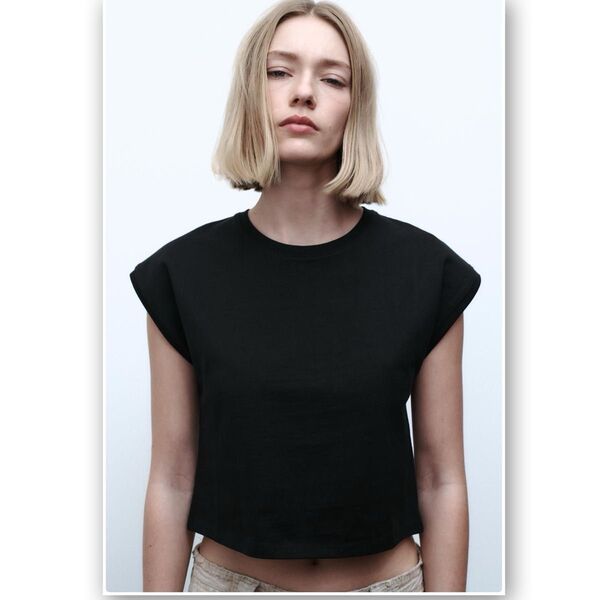 ZARA ショートスリーブ Tシャツ ノースリーブ クロップド丈 黒 M ブラック カットソー 半袖 フレンチスリーブ
