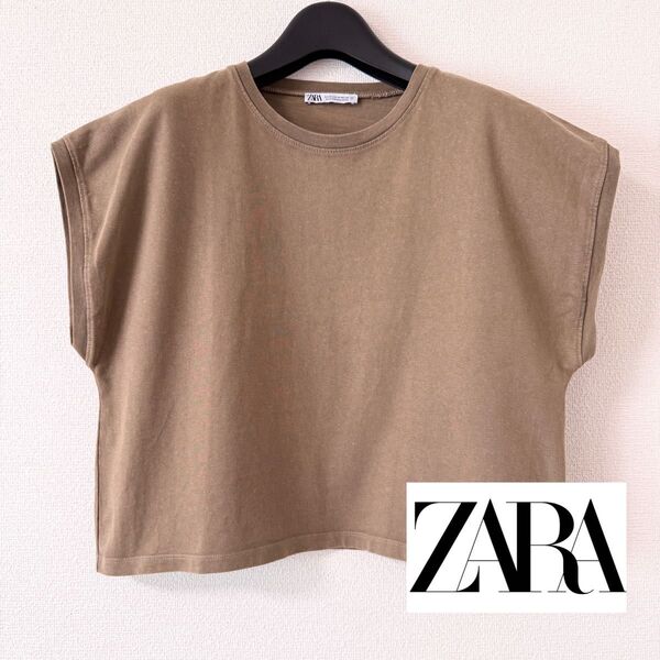 ZARA フレンチスリーブ Tシャツ ノースリーブ クロップド丈 ブラウン M ショートスリーブ トップス 半袖 カットソー