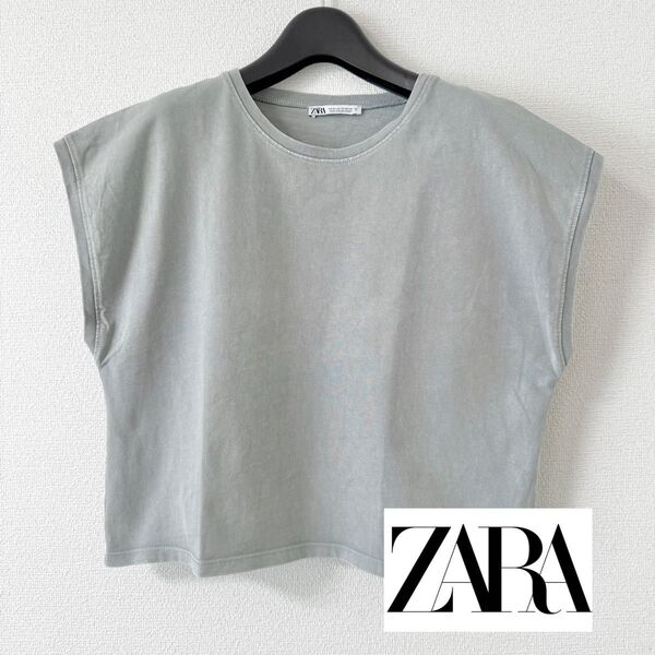 ZARA フレンチスリーブ Tシャツ ノースリーブ クロップド丈 グレー M ショートスリーブ カットソー トップス 半袖