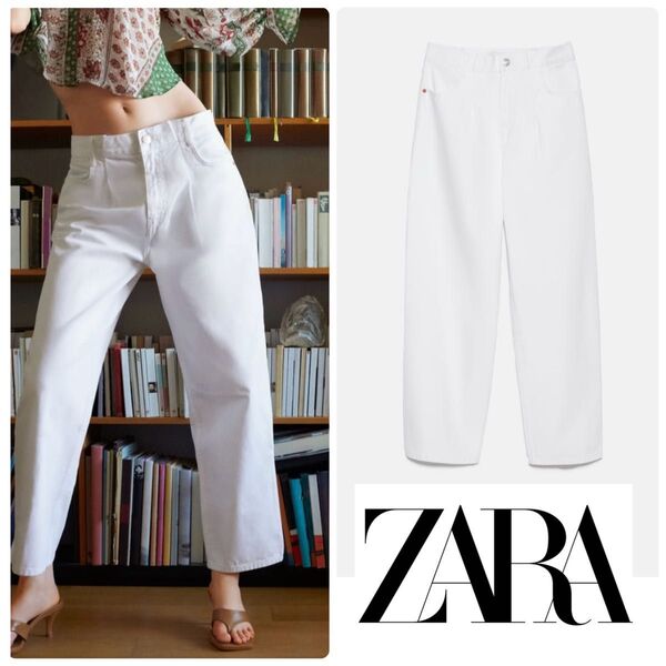 ZARA ハイライズ ホワイトデニム テーパード ジーンズ 34 タックパンツ ハイウエスト ワイド バギー バルーン 白デニム