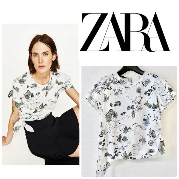 ZARA クロップド丈 プリントシャツ ブラウス M ヴィンテージ風 柄 半袖 トップス 裾リボン 総柄
