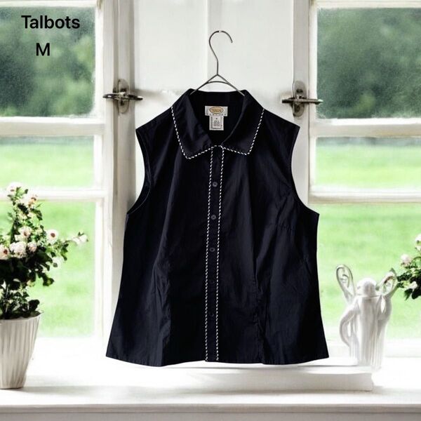 美品 【Talbots】 ブラウス (M) ノースリーブ トップス ブラック 縁取りギンガムチェック ブラック カジュアル