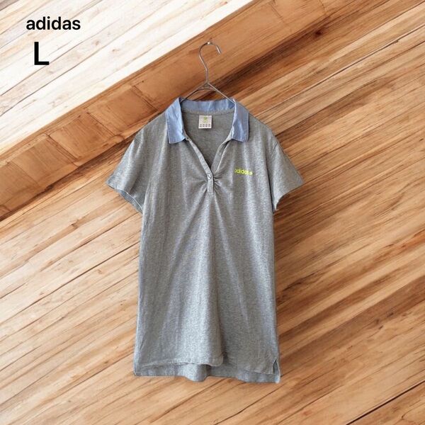 良品 【アディダス】 ポロシャツ (L) 半袖 グレー adidas オープンカラー スポーツ カジュアル コットン ロゴ刺繍