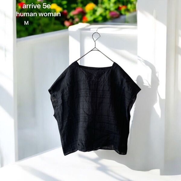 human woman arrive 5e プルオーバー (M) リネン100% トップス 半袖 ブラック カット刺繍