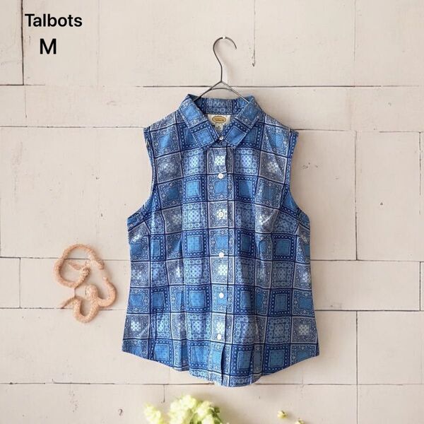 【Talbots】 ブラウス (M) ペーズリー柄 ノースリーブ ブルー系 レギュラーカラー シャツ カジュアル タルボット