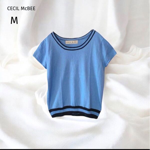 【CECIL McBEE】 ニット (M) 半袖 ショート丈 ブルー ブラック トップス カジュアル セシルマクビー アクリル