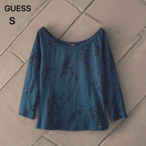 【GUESS】 カットソー (S) コバルトブルー 総柄 草柄 長袖 トップス ショート丈 ボートネック カジュアル ゲス