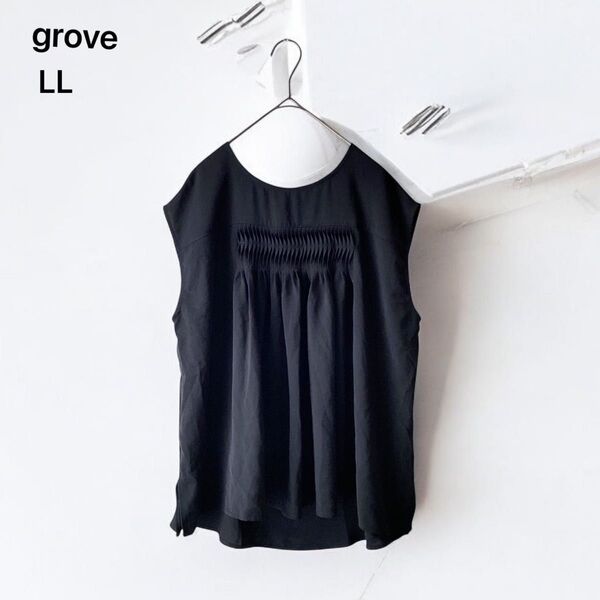 美品 【grove】プルオーバー ブラウス (LL) ブラック トップス ギャザー ゆったり ノースリーブ グローブ ワールド
