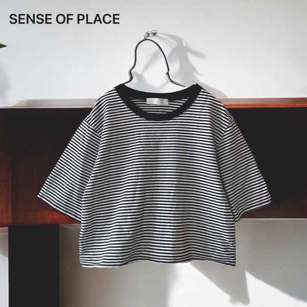 SENSE OF PLACE カットソー (one) 半袖 ボーダー ブラック ホワイト クルーネック ショート丈 トップス