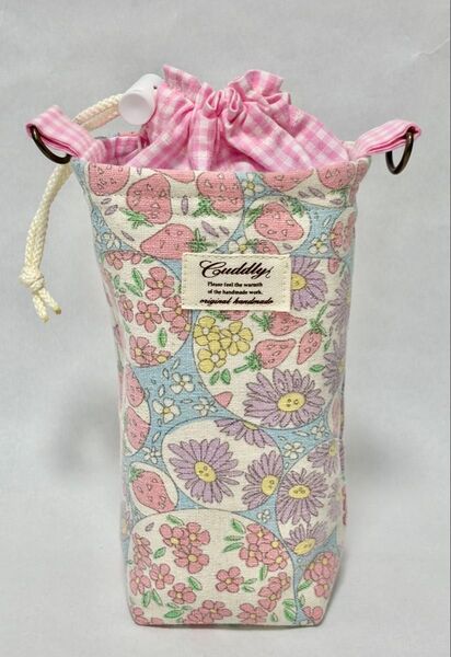 保冷保温ペットボトルカバー★ハンドメイド★YUWA いちご お花 ハーフリネン ペットボトルホルダー