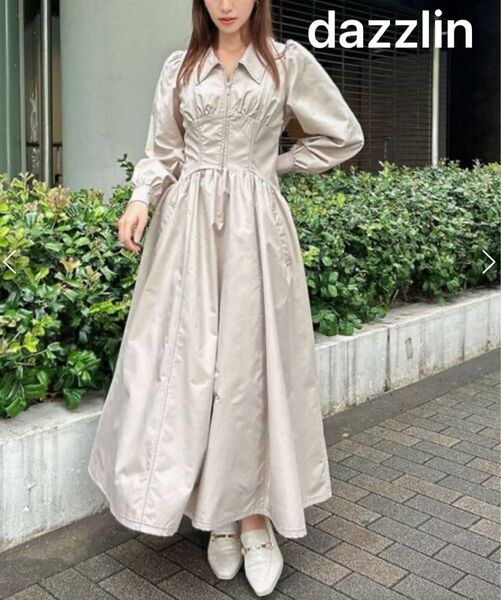 dazzlin ダズリン ジップアップボリュームワンピース ロングワンピース フレア ウエスト切り替え パフスリーブ アイボリー