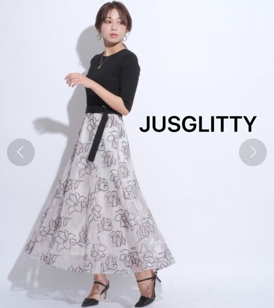 JUSGLITTY フラワー刺繍 ドッキングワンピース ロング 花柄 五分丈 フレア スカート 切り替え サイズ1 Sサイズ