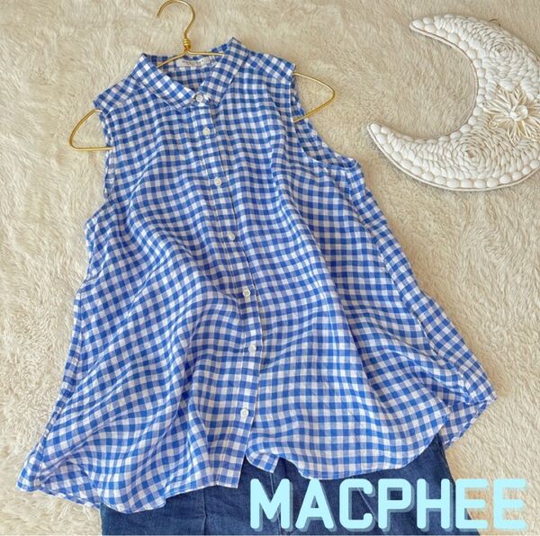 MACPHEE マカフィー ギンガムチェック ノースリーブ リネン フレア シャツ 38/M ブルー トゥモローランド 麻 青