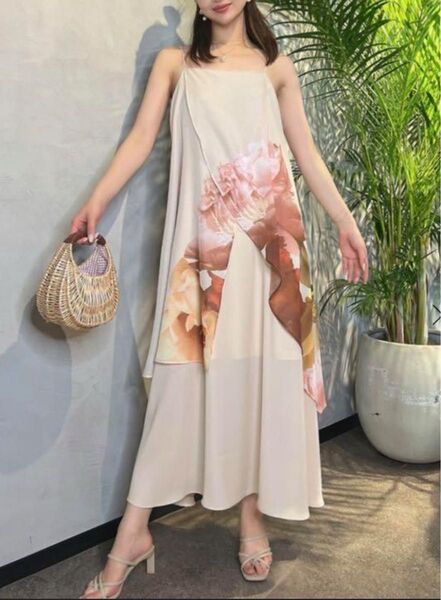 【美品】eimy istoire エイミーイストワール サンフラワー ワンピース ロング キャミ 花柄 ベージュ シアー 切り替え
